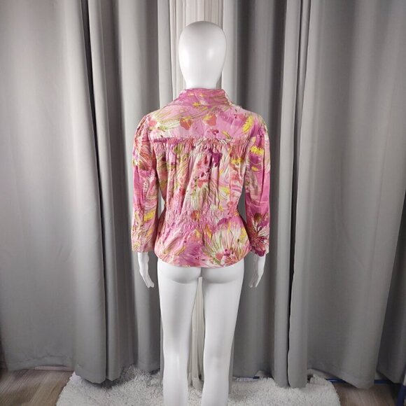 Sunny Leigh Women's Pink, White, Smocked Long Sleeve Cotton Blend Blazer Size 10 - Picture 3 of 12